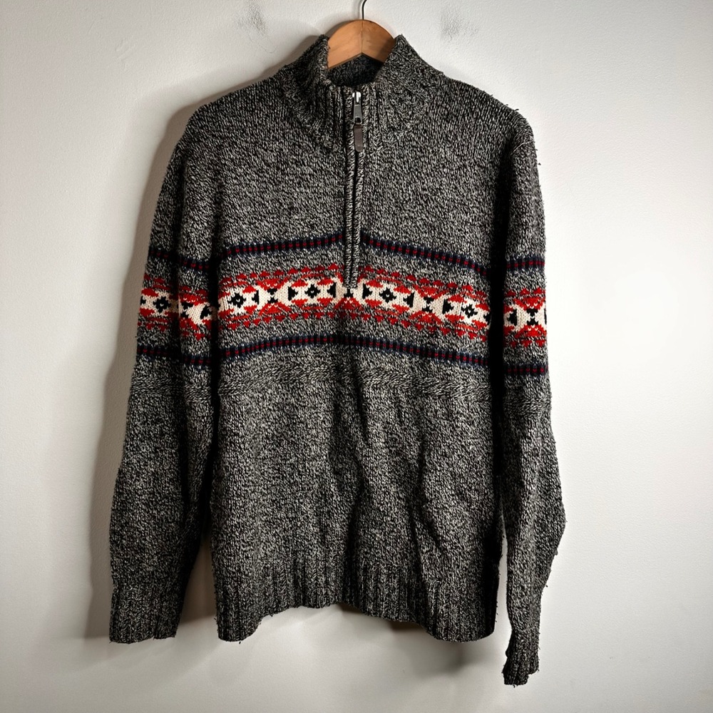 Jack Spade Fair Isle‎ Quarter Zip Sweater Mens L Gray Lambswool Mock Neck Jumper